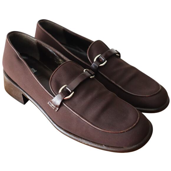 Vintage 90s Chocolate Brown Loafer Heels Low Heel Block Buckle Dark Brown 8 N - Picture 1 of 9
